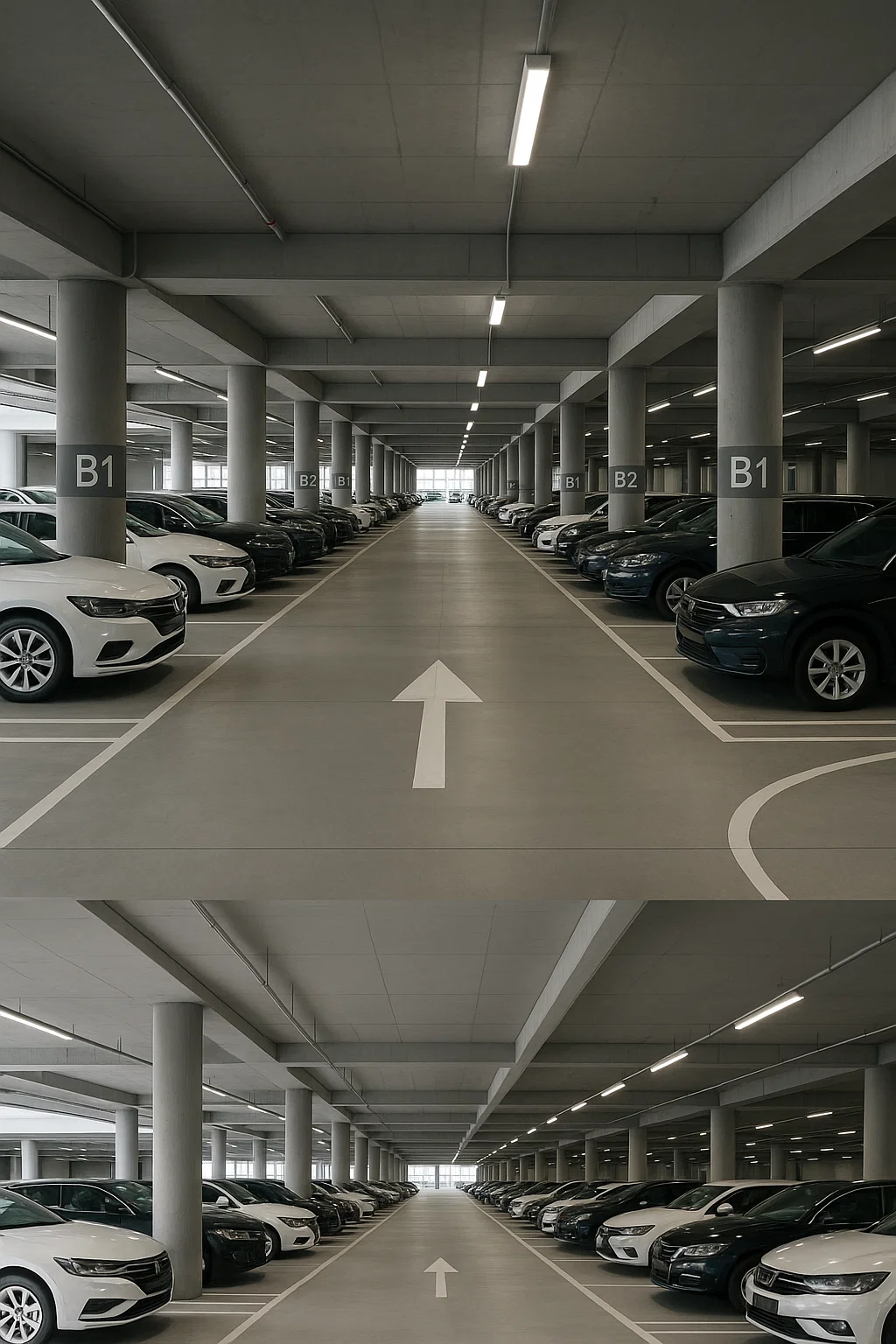 Billede af en række biler parkeret i et stort, moderne parkeringshus. Flere parkeringspladser er synlige, og der er en pil, der viser retningen fremad. Mærkater på søjlerne markerer parkeringsområderne B1 og B2.