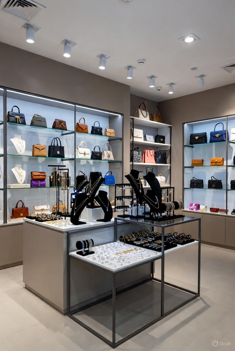 Interiør i en stilren, moderne accessoires-butik med pænt arrangerede udstillinger af designer-håndtasker i neutrale farver, elegante smykker på sorte fløjlsstativer, luksusure og stilfulde solbriller. Lokalet har rene linjer, blødt indirekte lys, minimalistiske hylder og en sofistikeret neutral farvepalet, der skaber en eksklusiv og indbydende shoppingstemning.